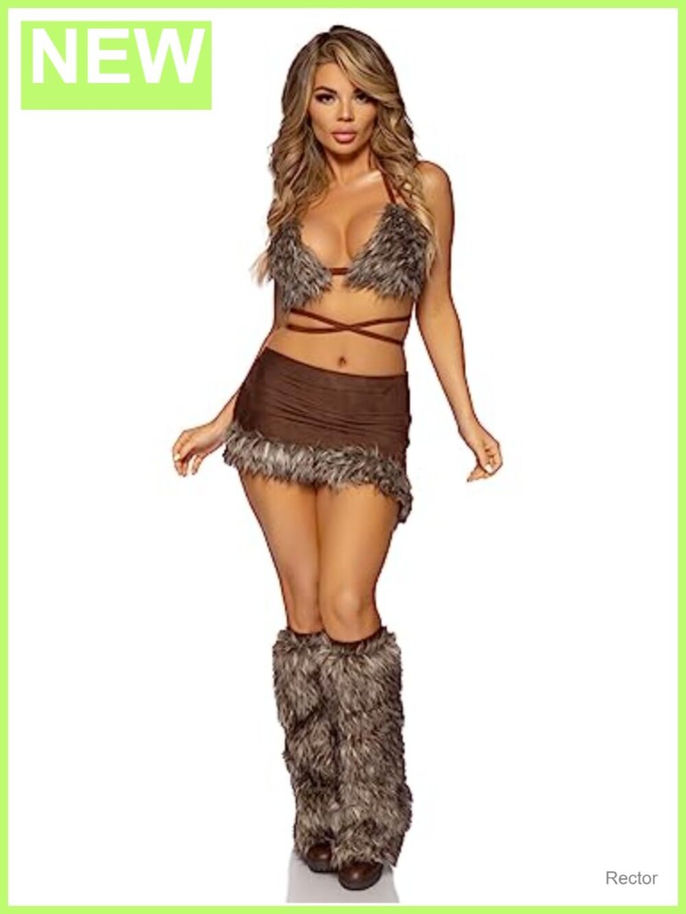 3 Piece Cave Babe Costume Faux Fur Bikini Top Skirt Leg Warmers Halloween